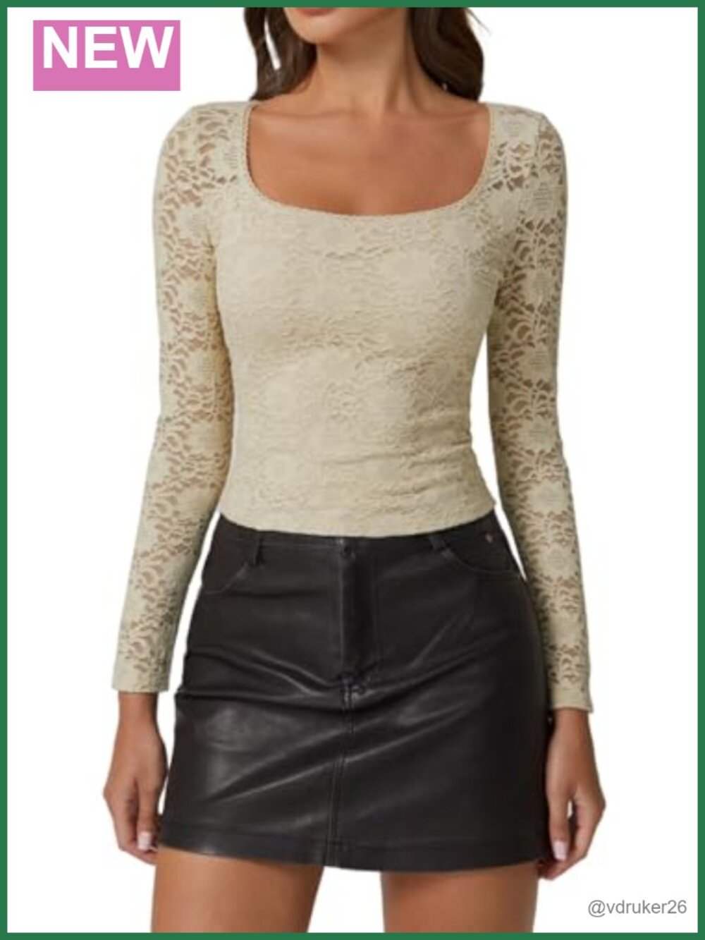 Floral Lace Crop Top Long Sleeve Scoop Neck Slim Fit Going Out Shirt